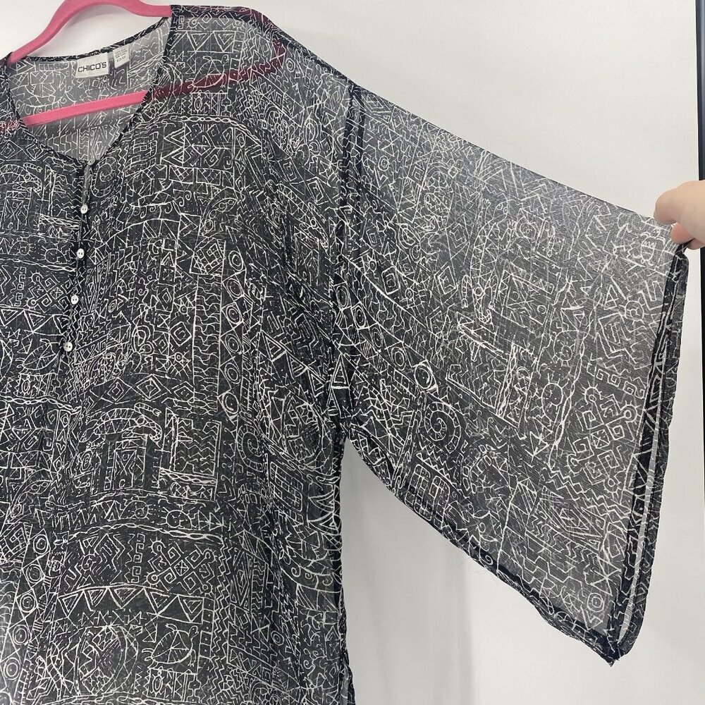 Chico's 100% Silk Saba Kitra SHEER Tunic Cover Up Size SM Black White Oversized